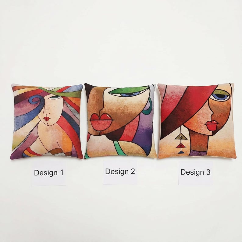 Cubist Face Pillow Cover, Colorful Abstract Art Tapestry Cushion Case