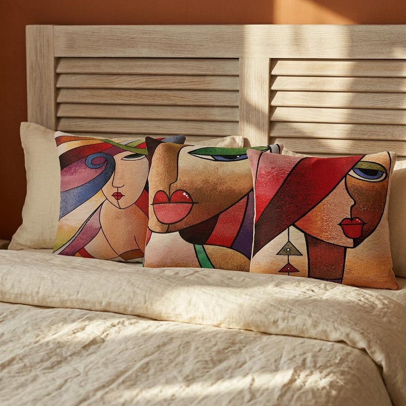 Cubist Face Pillow Cover, Colorful Abstract Art Tapestry Cushion Case