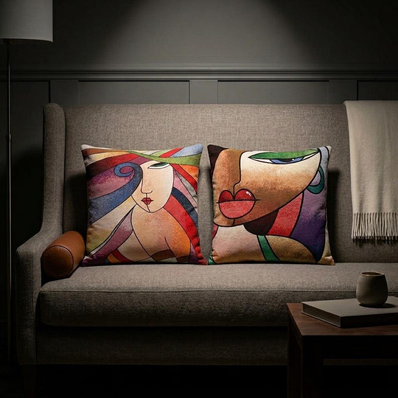 Cubist Face Pillow Cover, Colorful Abstract Art Tapestry Cushion Case