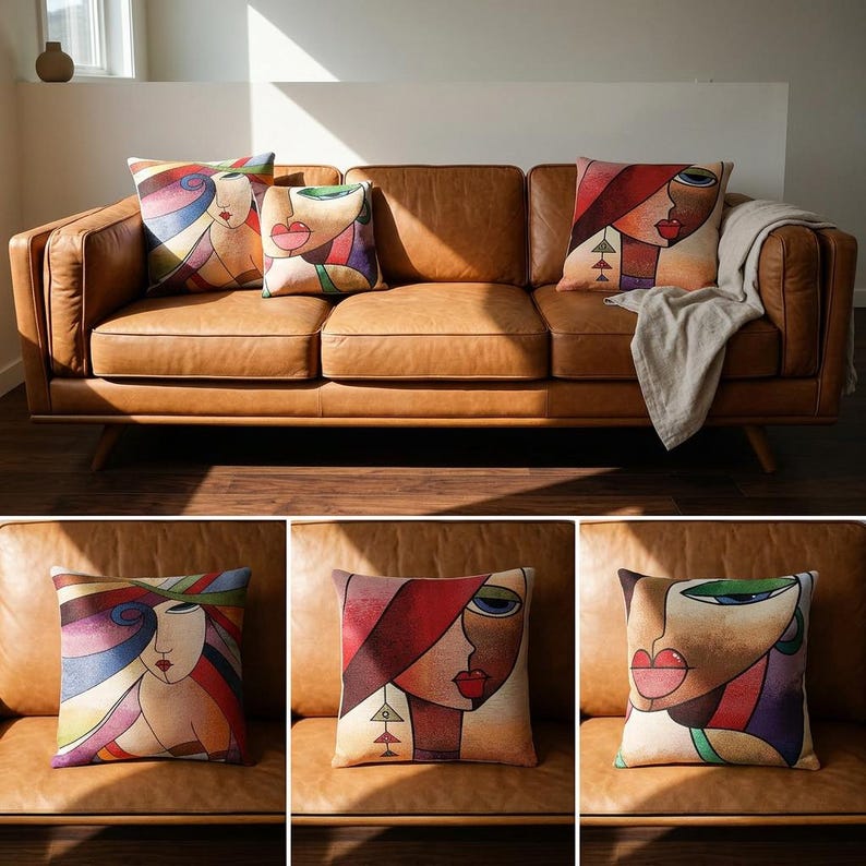 Cubist Face Pillow Cover, Colorful Abstract Art Tapestry Cushion Case