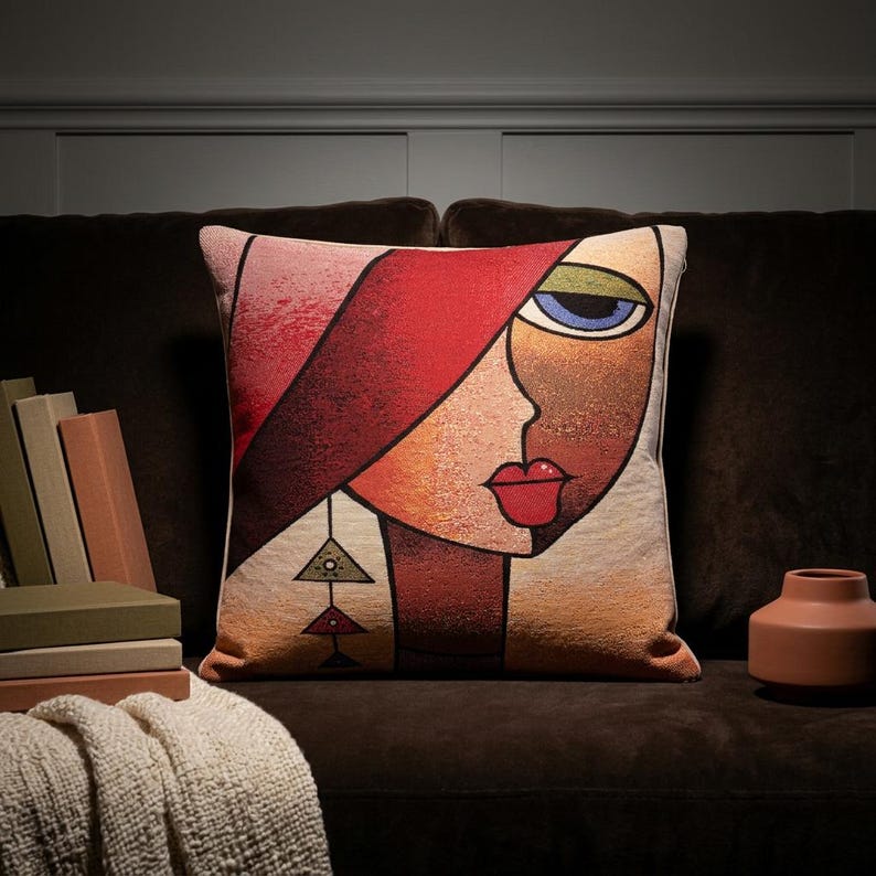 Cubist Face Pillow Cover, Colorful Abstract Art Tapestry Cushion Case