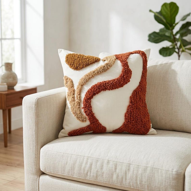 Rust tufted abstract boho pillow cover styled on a neutral linen sofa in a bright living room