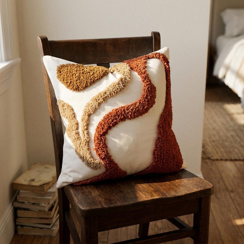 Rust tufted boho pillow cover displayed on a wooden chair in a cozy bedroom setting