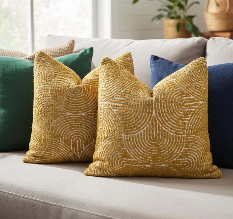 Yellow textured pillows on a sofa with a neutral background