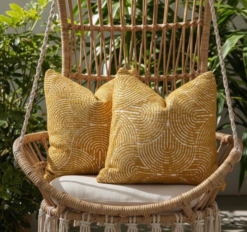 Woven chair with yellow patterned cushions in a natural setting