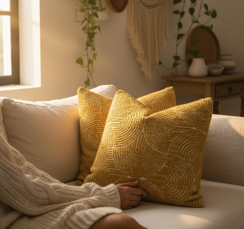 Yellow textured pillows on a couch in a cozy living room with plants and decor.