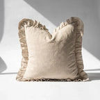 Linen ruffle euro sham pillow cover in natural beige with hidden zipper, set of 2