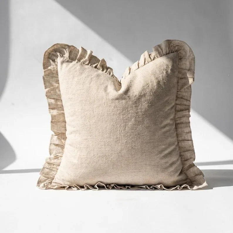 Linen ruffle euro sham pillow cover in natural beige with hidden zipper, set of 2