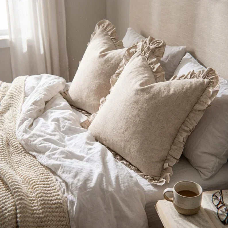 Linen Ruffle Euro Sham Pillow Cover Set of 2 - Larissa Home Decor - US - Pillow Cover