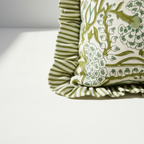 Floral Hand Block Print Bolster Pillow Cover with Ruffle Trim