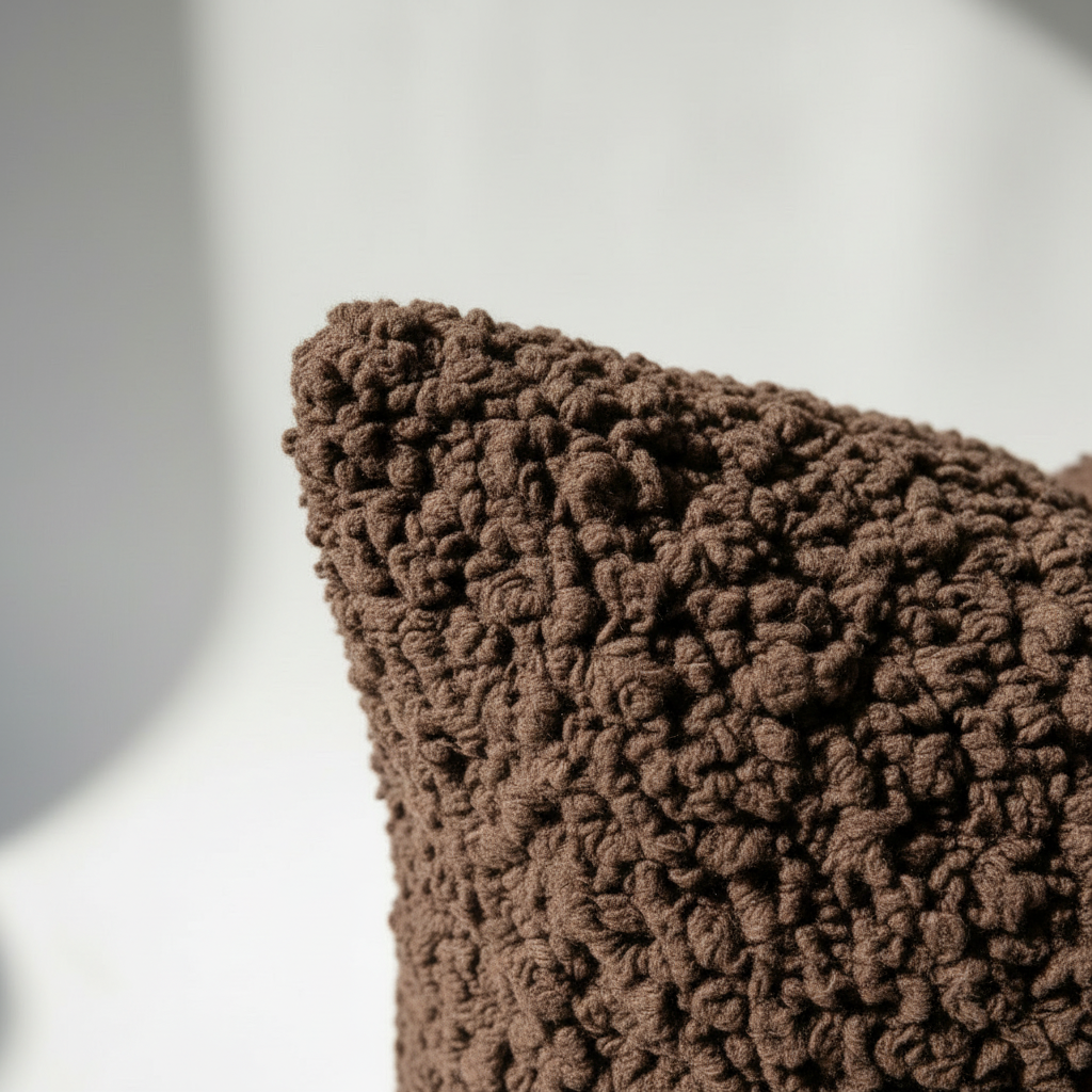 Corner detail of luxury boucle faux fur pillow cover in chocolate brown – Larissa Home Decor