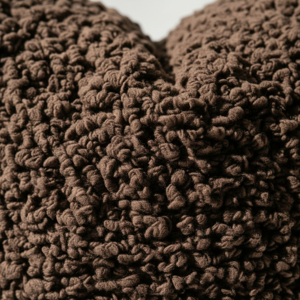 Close-up of boucle curly-loop texture on premium sherpa pillow cover in brown – Larissa Home Decor