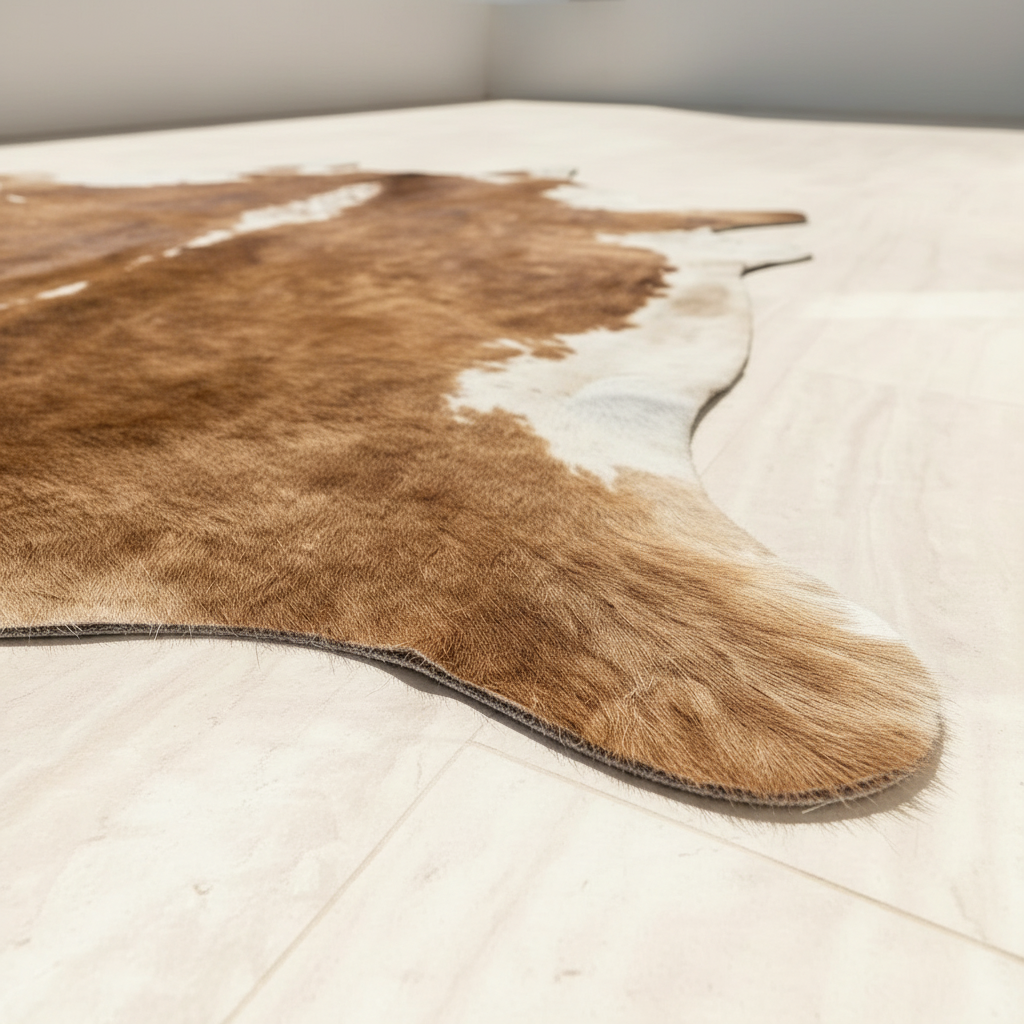 Close-up edge detail of vegan leather cowhide shaped rug on hardwood floor – Larissa Home Decor