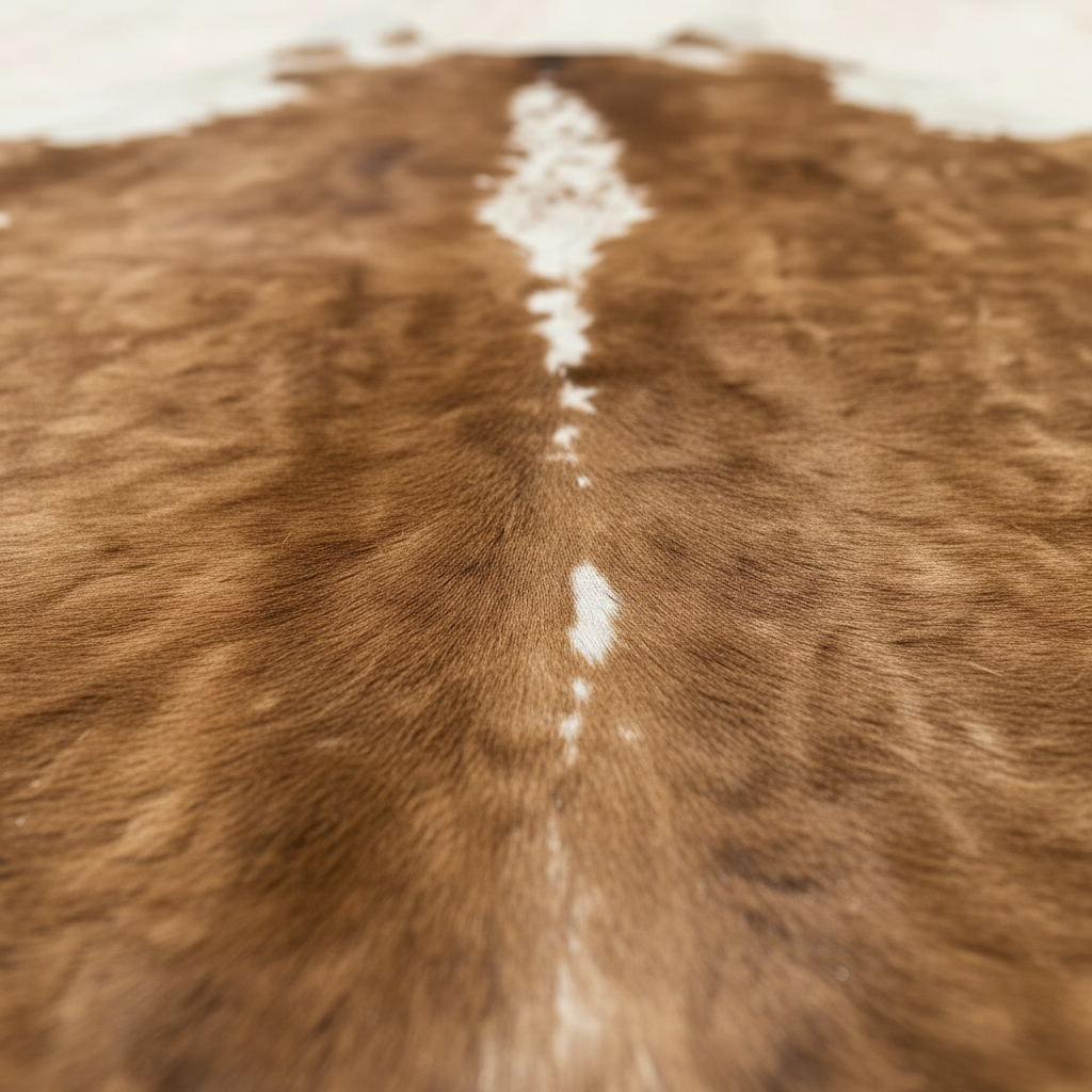 Macro texture detail of brown and white vegan leather cowhide print rug – Larissa Home Decor
