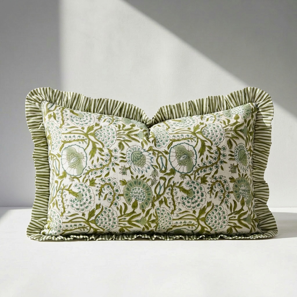 Floral hand block print bolster pillow cover in sage green and teal with gathered striped ruffle trim on white background