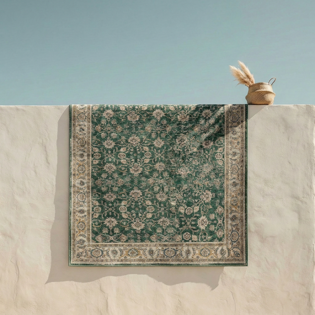 Green Turkish-style vintage area rug with cream and gold floral border detail