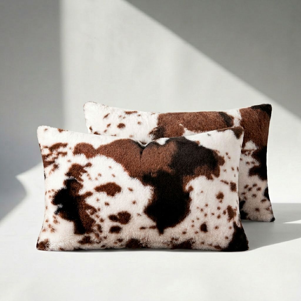Set of 2 vegan cowhide faux fur pillow covers in lumbar size, brown white and black print, styled on white background