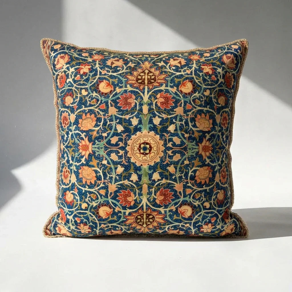 William Morris floral polyester velvet throw pillow cover in navy blue with gold rope trim, Arts and Crafts botanical medallion print