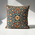 William Morris floral polyester velvet throw pillow cover in navy blue with gold rope trim, Arts and Crafts botanical medallion print
