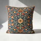 William Morris floral polyester velvet throw pillow cover in navy blue with gold rope trim, Arts and Crafts botanical medallion print