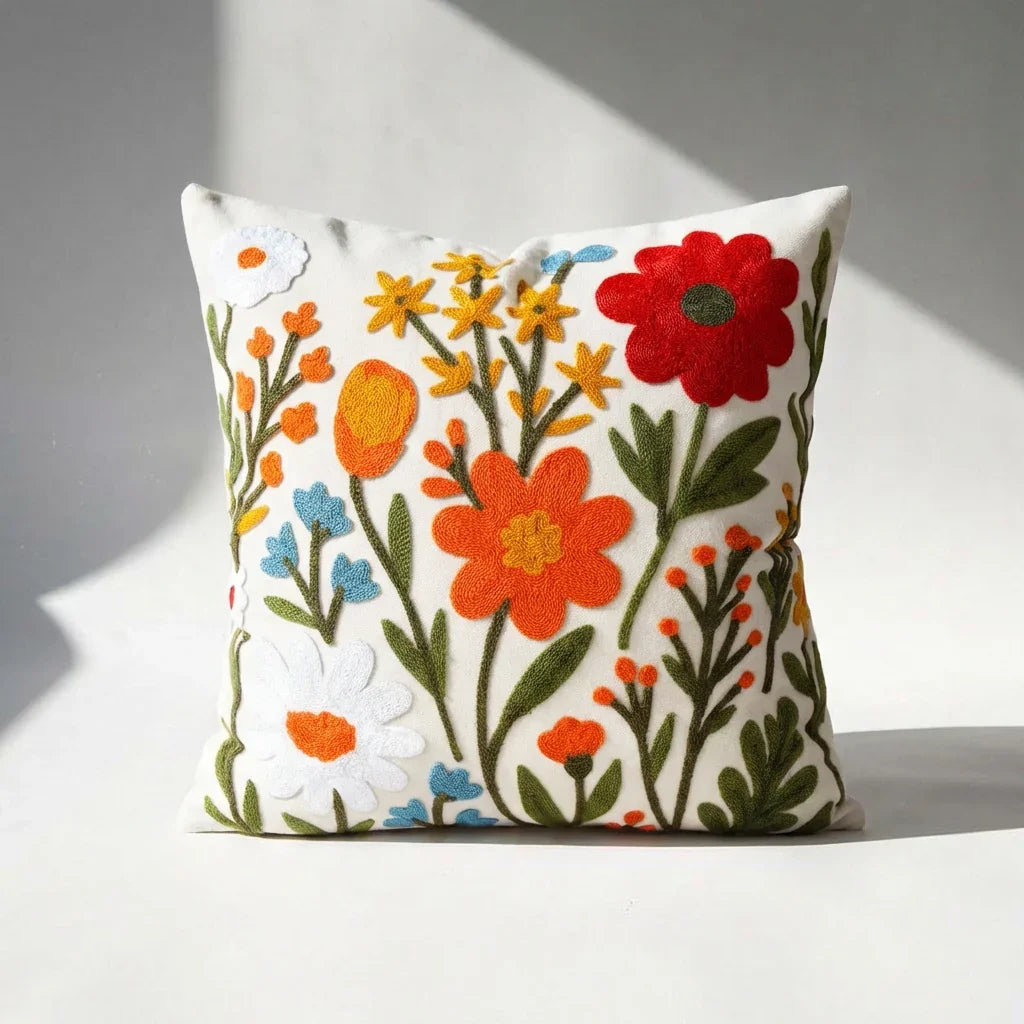 Handcrafted wildflower embroidered pillow cover on white background — cottagecore floral cotton canvas