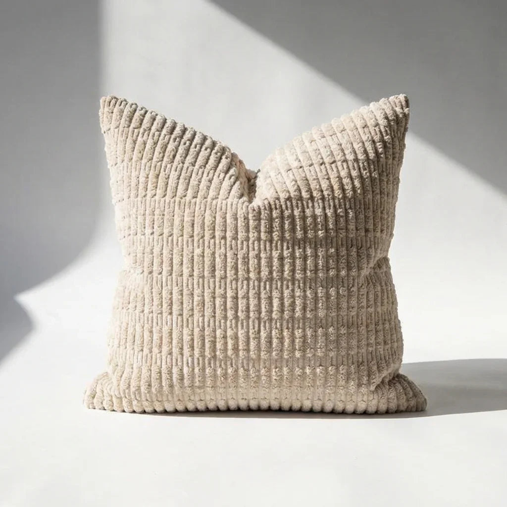 Single beige wide-wale corduroy pillow cover with soft ribbed texture in natural light