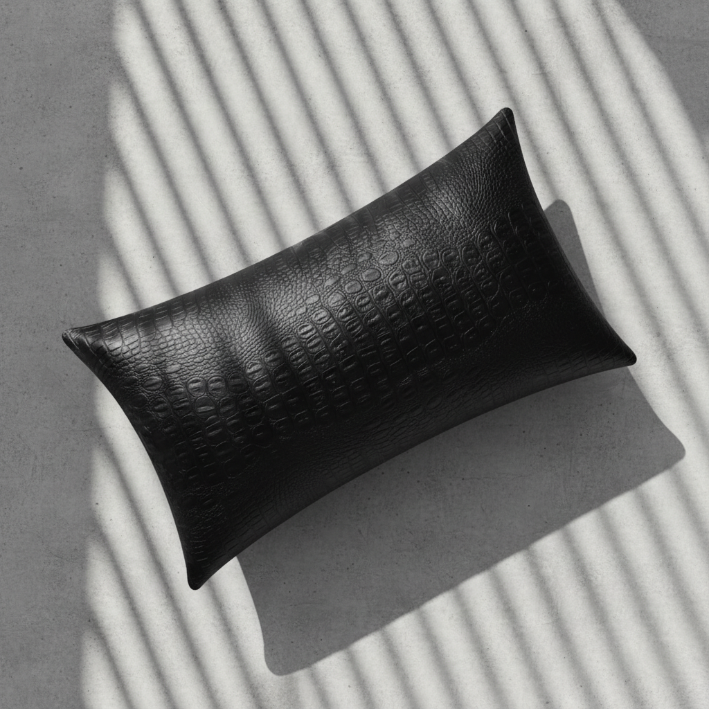 Black crocodile embossed vegan leather lumbar pillow cover 20x12 on concrete surface