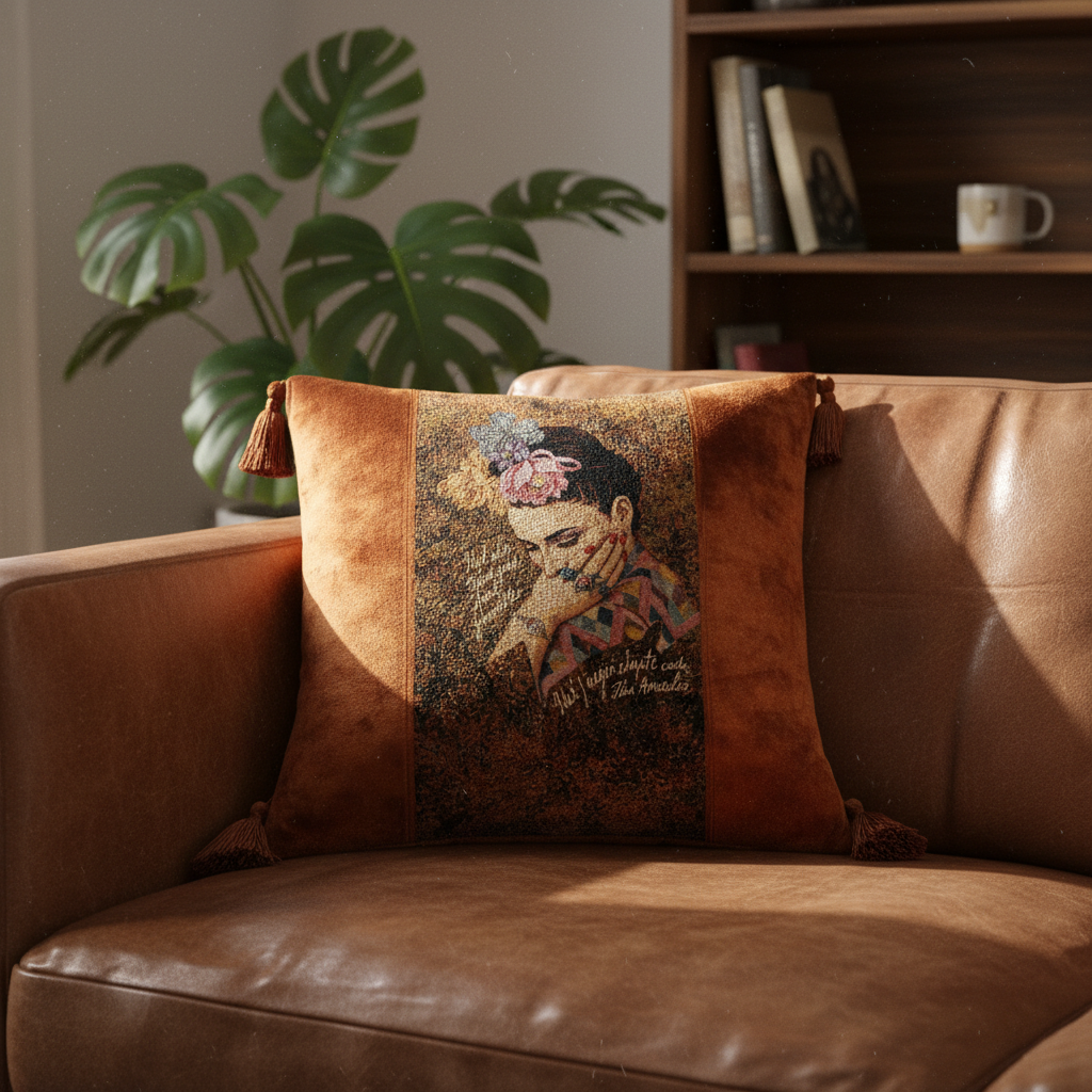 Frida Kahlo tapestry velvet pillow cover with tassels styled on leather sofa in boho living room