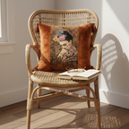 Frida Kahlo velvet tapestry pillow cover with tassels on rattan chair in sunlit reading nook
