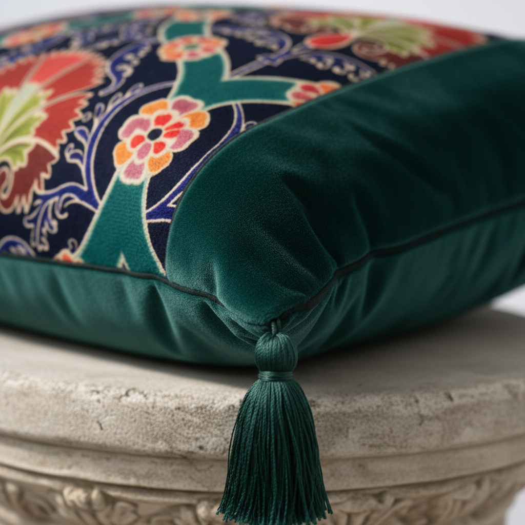 Close-up of forest green velvet pillow cover showing hidden zipper closure and decorative corner tassel detail