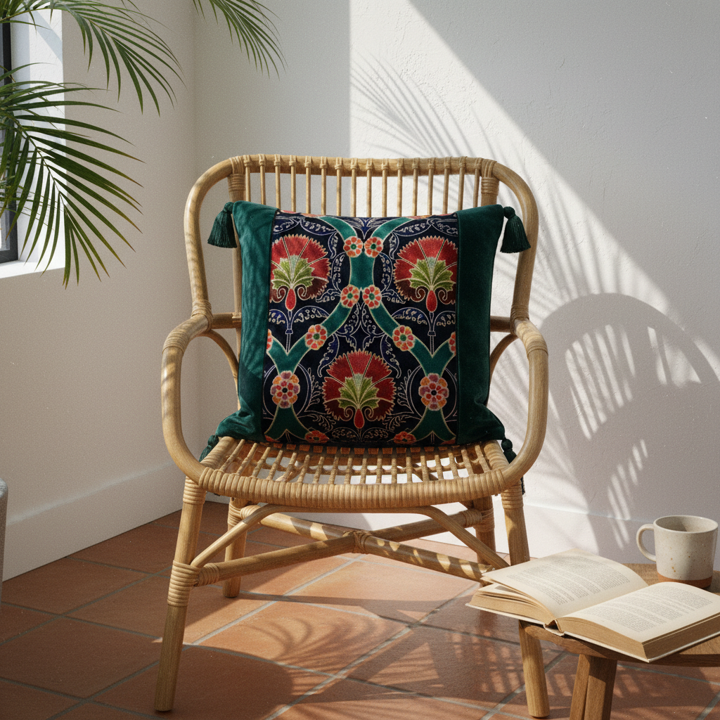Green velvet embroidered throw pillow cover with corner tassels on a rattan chair in a bright boho interior