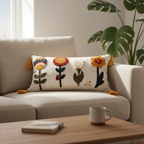 Punch needle floral lumbar pillow cover with tassels on modern sofa — boho living room decor, 12x20 in