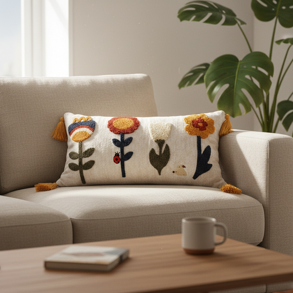 Punch needle floral lumbar pillow cover with tassels on modern sofa — boho living room decor, 12x20 in