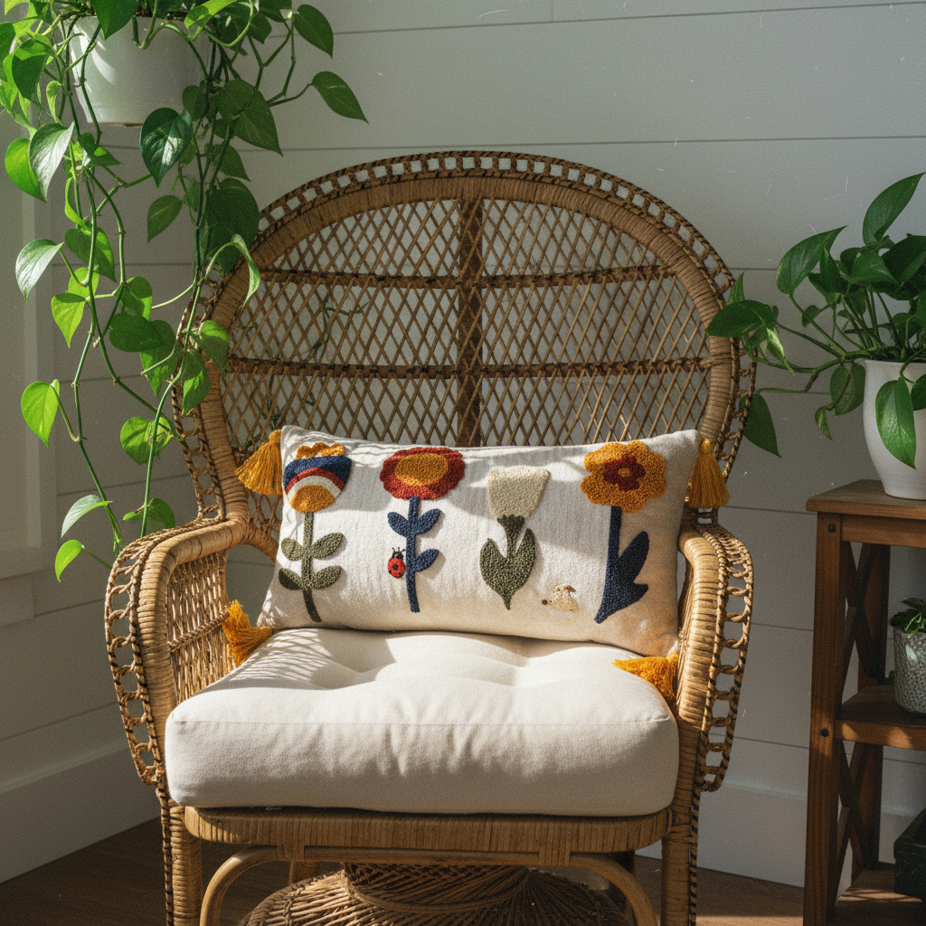Handcrafted punch needle lumbar pillow cover with tassels on rattan peacock chair — cottagecore boho porch decor