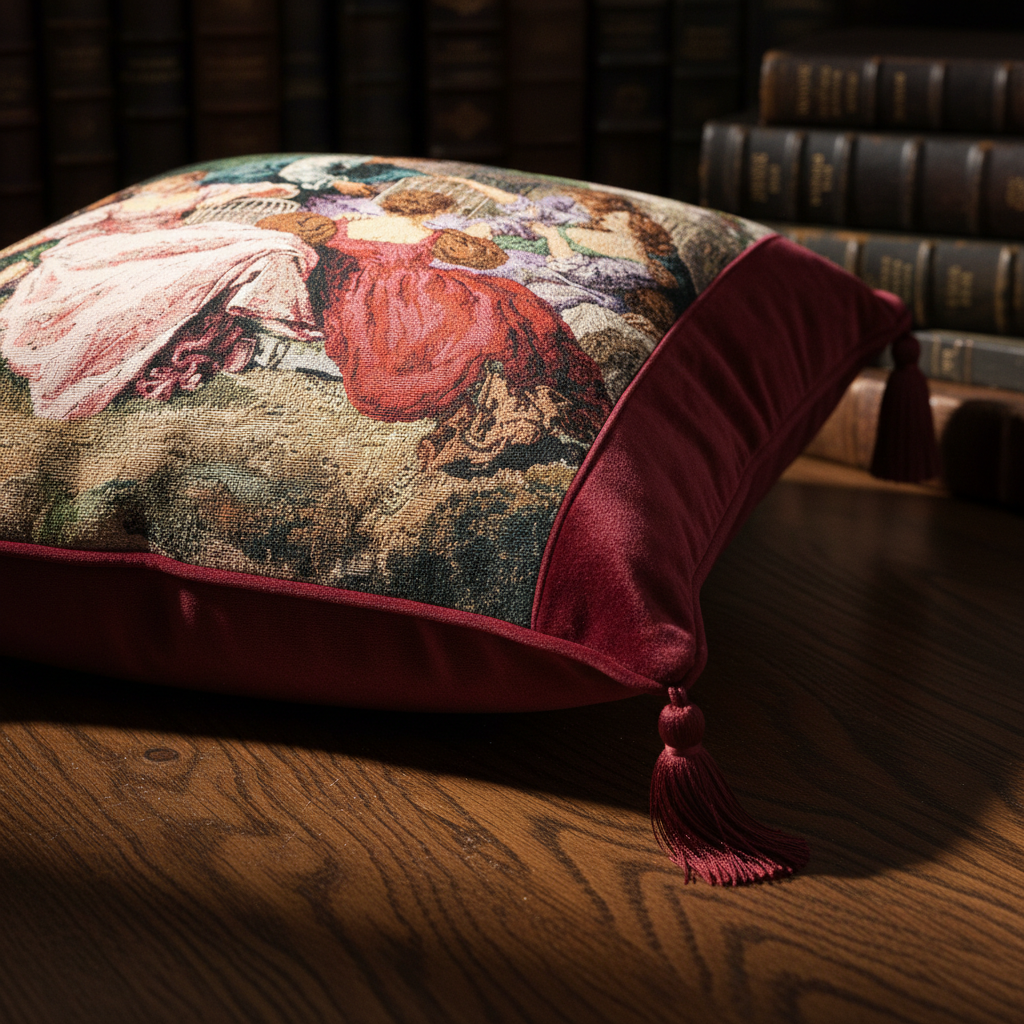 Burgundy Velvet Renaissance Tapestry Throw Pillow Cover 18x18 with Tassels - Larissa Home Decor