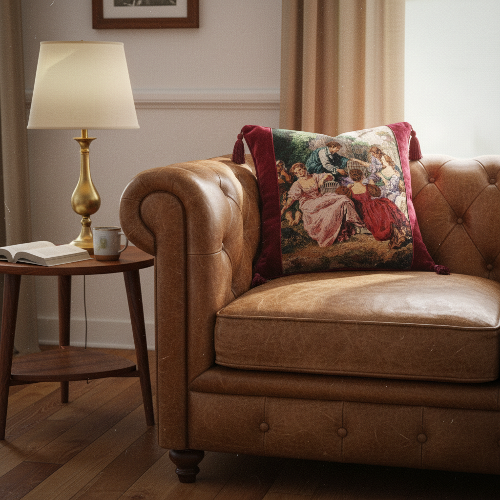 Renaissance tapestry throw pillow cover in burgundy velvet with tassels displayed on leather Chesterfield armchair in warm living room