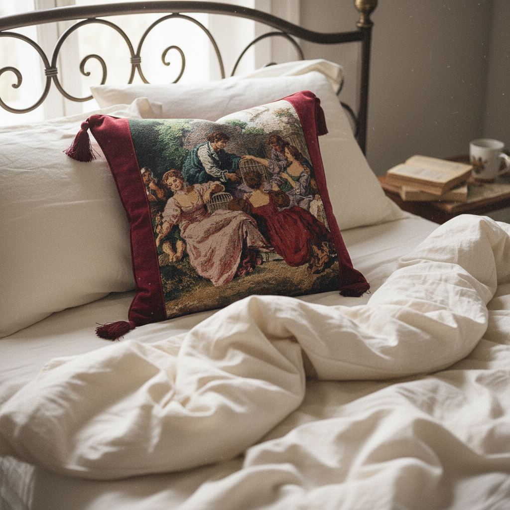 Burgundy velvet Renaissance tapestry throw pillow cover with tassels styled on white bedding with iron bed frame
