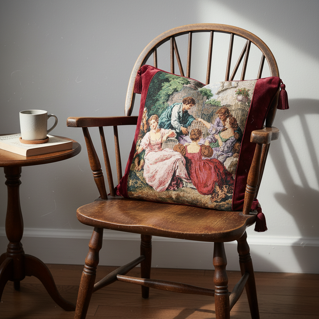 Burgundy Velvet Renaissance Tapestry Throw Pillow Cover 18x18 with Tassels - Larissa Home Decor