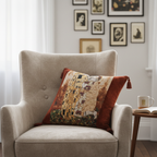 Gustav Klimt The Kiss tapestry velvet throw pillow cover styled on cream armchair in art-inspired living room