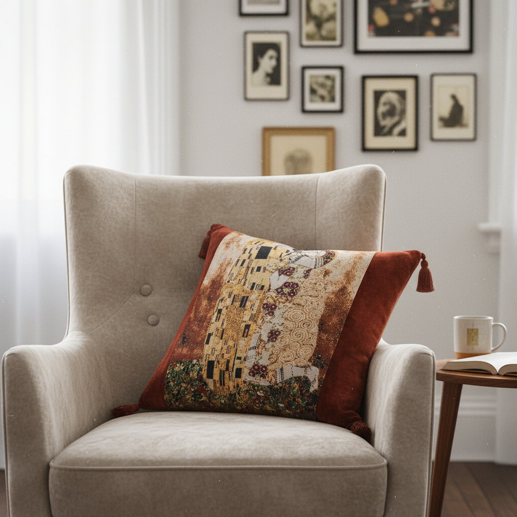 Gustav Klimt The Kiss tapestry velvet throw pillow cover styled on cream armchair in art-inspired living room
