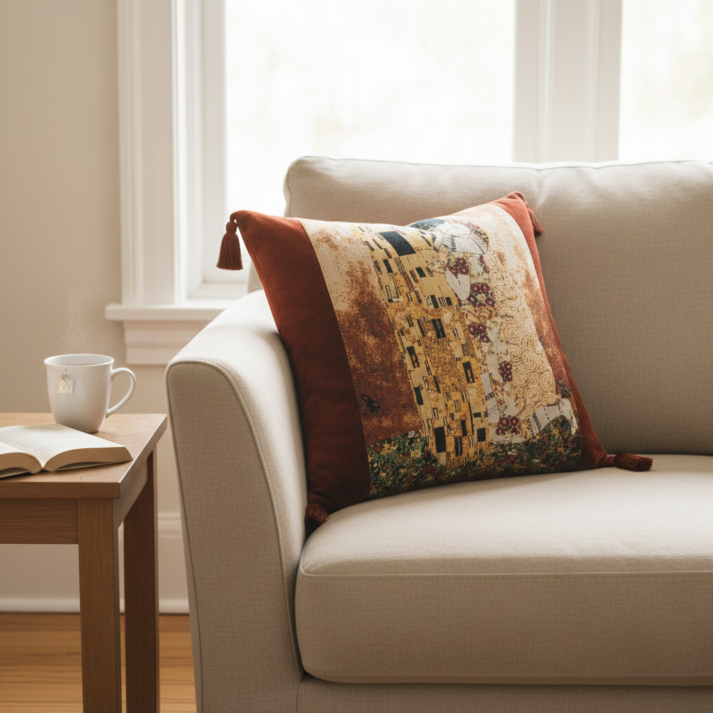 Klimt The Kiss art pillow cover with tassels on neutral sofa in cozy eclectic reading room