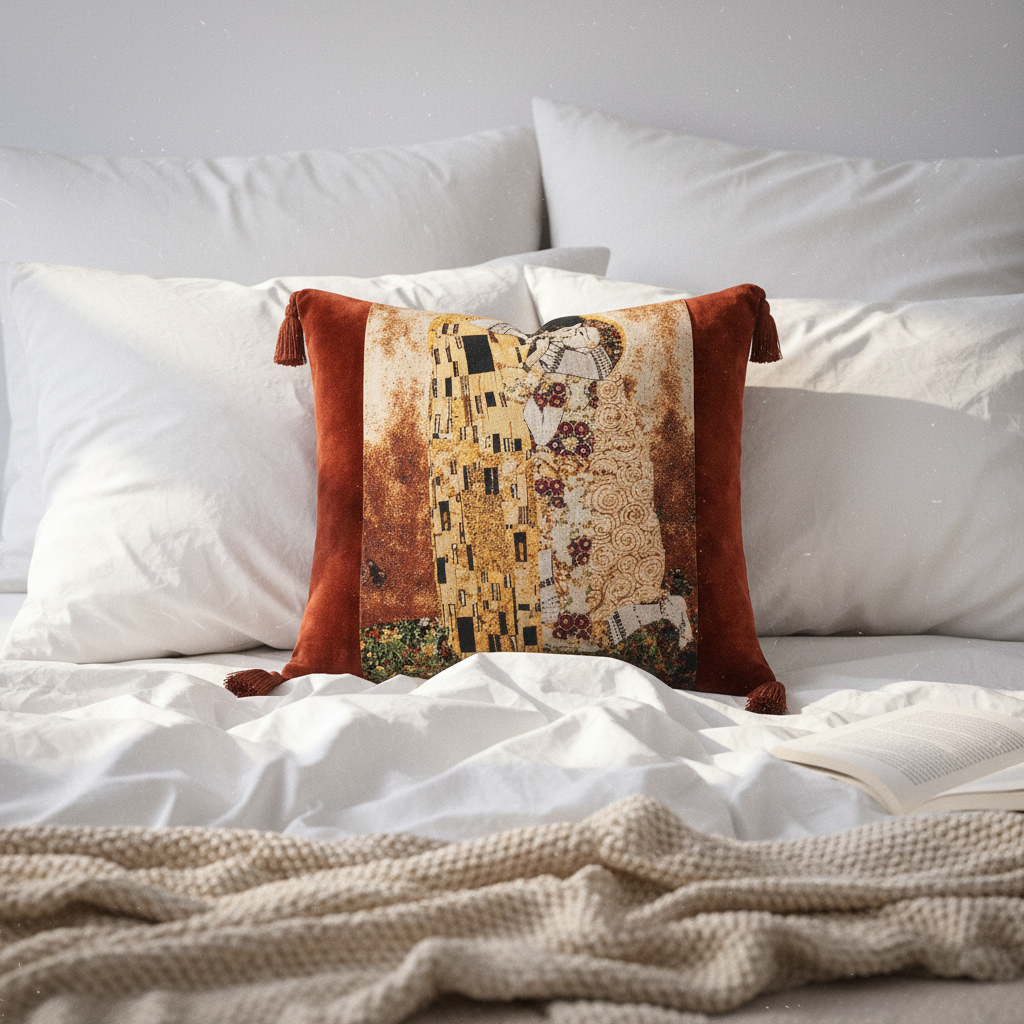 Gustav Klimt The Kiss Tapestry Velvet Throw Pillow Cover 18x18 with Fringe - Larissa Home Decor