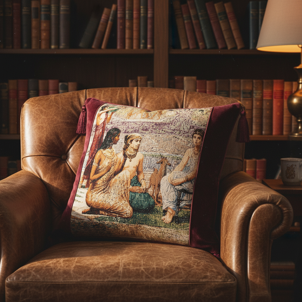 Renaissance tapestry and velvet pillow cover styled on a leather armchair in a dark academia library setting