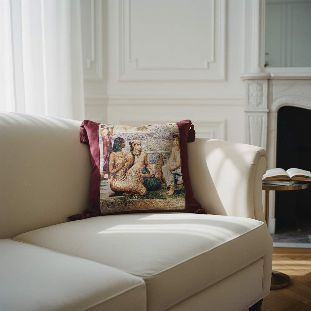 Classical figurative tapestry pillow cover in burgundy velvet on a white sofa in an elegant living room