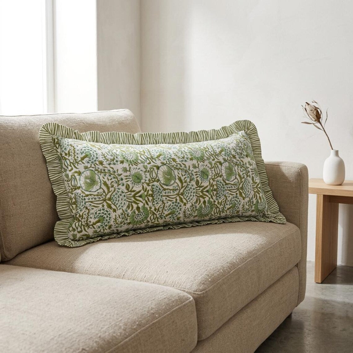 Floral Hand Block Print Bolster Pillow Cover with Ruffle Trim