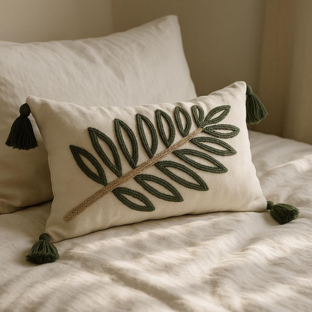 Forest-Green Leaf-Motif Punch-Needle Lumbar Pillow Cover with Tassels - Larissa Home Decor