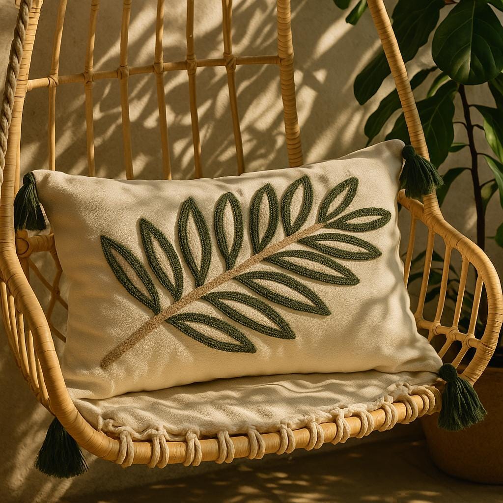 Punch needle lumbar pillow cover with forest green leaf motif and tassels on rattan swing chair