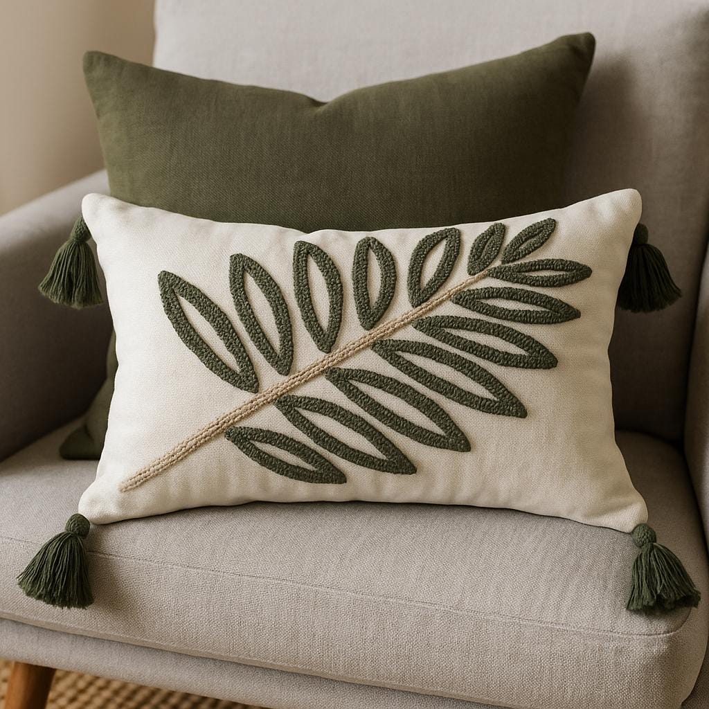 Forest-Green Leaf-Motif Punch-Needle Lumbar Pillow Cover with Tassels - Larissa Home Decor