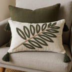 Forest-Green Leaf-Motif Punch-Needle Lumbar Pillow Cover with Tassels - Larissa Home Decor