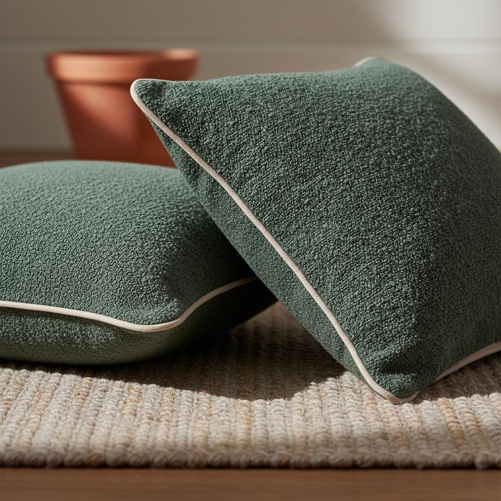 Two dark green boucle pillow covers with beige piping, resting on a textured natural rug, warm home decor scene.